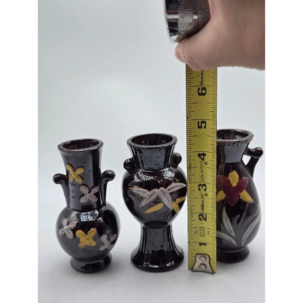 Vintage MCM Japan Miniature Bud Vase Set of 3 Dark Brown Floral Pottery 4